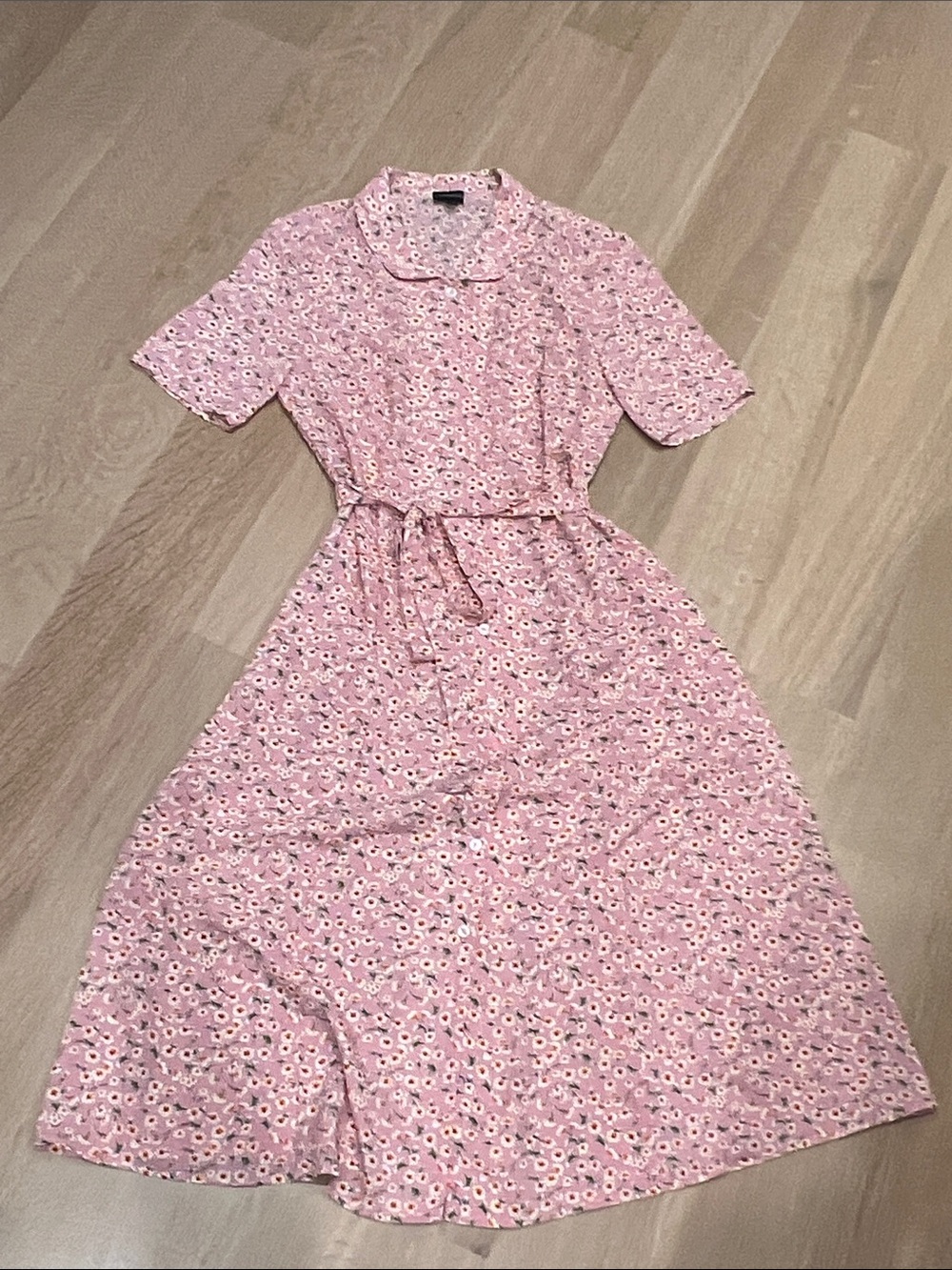 Pink Floral Midi Dress with Tie Waist